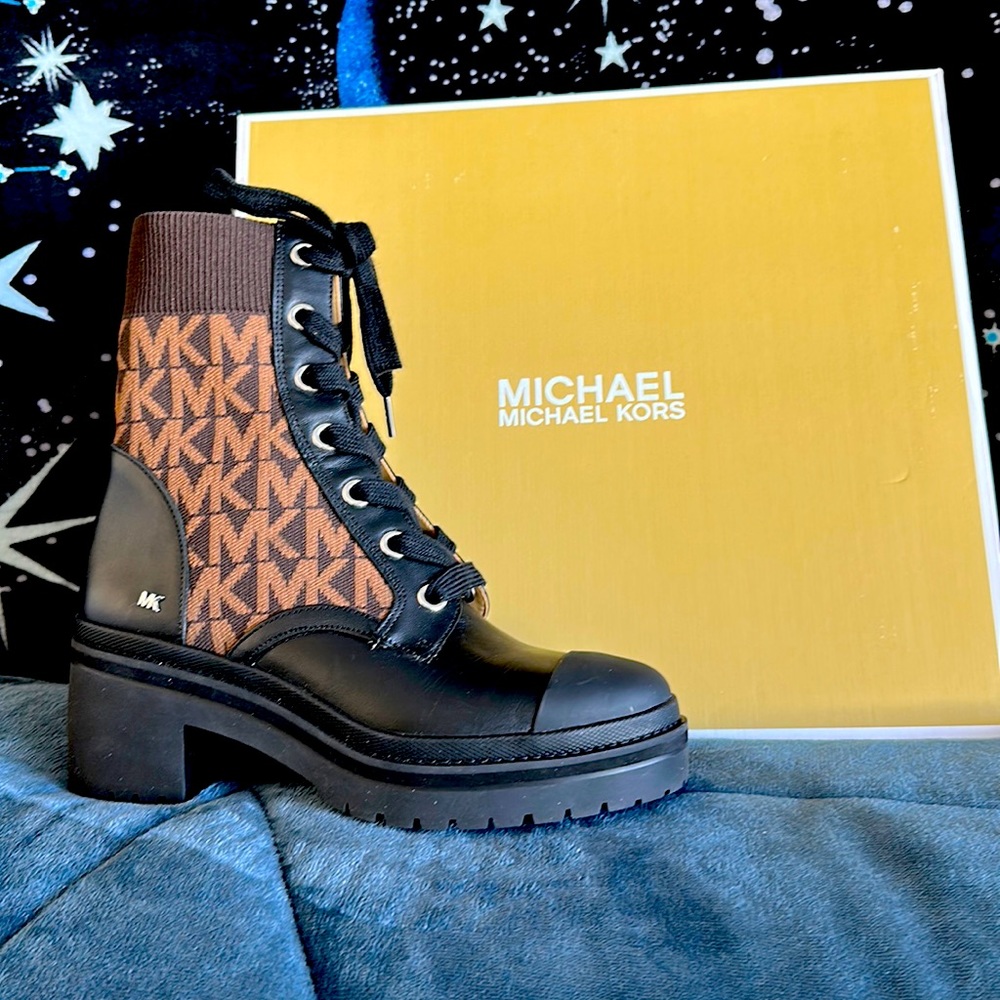 Michael Kors Brea leather and logo Jacguard Combat boot